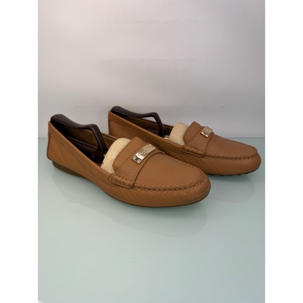 Coach Leather Driving Loafers Tan Gold Logo Plate Womens 9 Preppy Casual - Picture 2 of 11